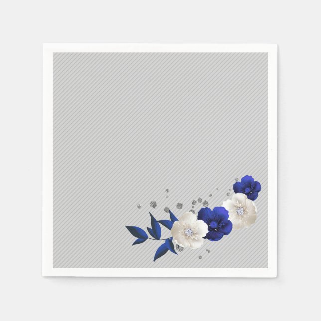 royal blue rose white flowers grey wedding napkins (Front)