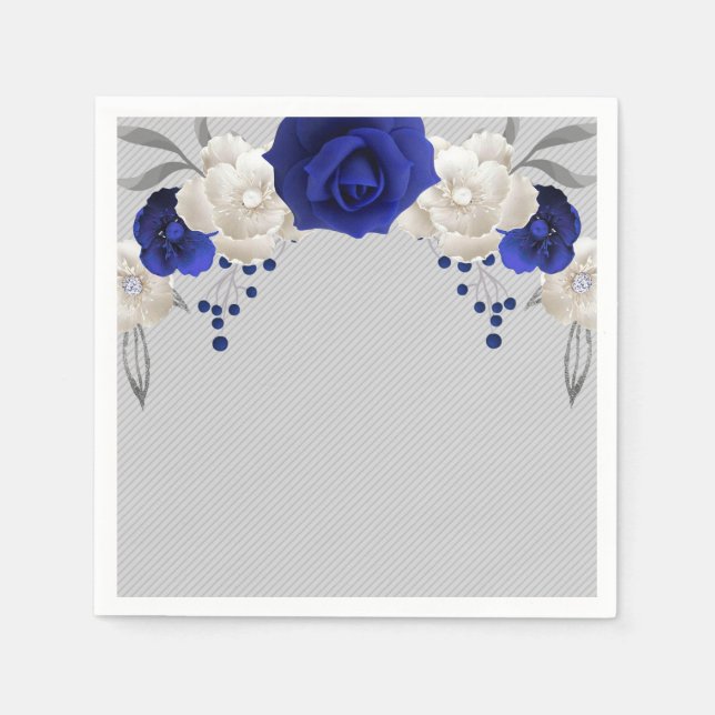 royal blue rose white flowers grey wedding napkins (Front)