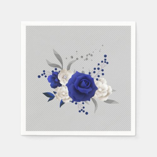 royal blue rose white flowers grey wedding napkins