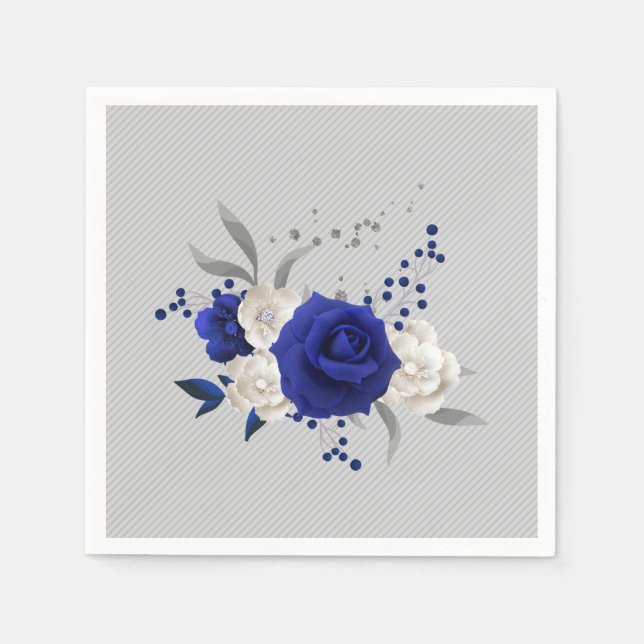 royal blue rose white flowers grey wedding napkins (Front)