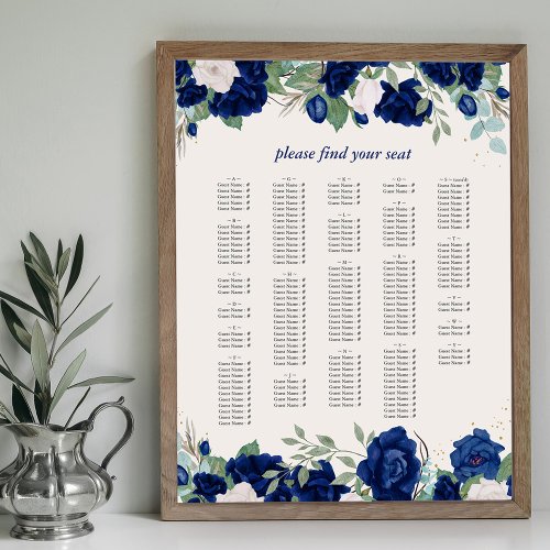 Royal Blue Roses Alphabetical Seating Chart