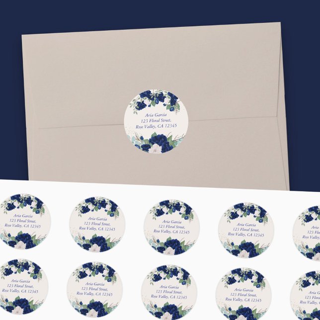 Royal Blue Roses and Eucalytus Name and Address Classic Round Sticker (Floral address labels with royal blue and ivory roses from my Royal Roses collection)