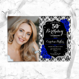 Royal Blue Roses Black Damask Photo 50th Birthday Invitation