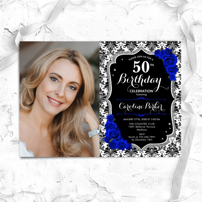 Royal Blue Roses Black Damask Photo 50th Birthday Invitation (Creator Uploaded)