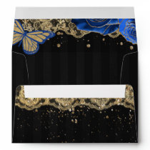 Royal Blue Roses Butterfly Black Gold Lace  Envelope