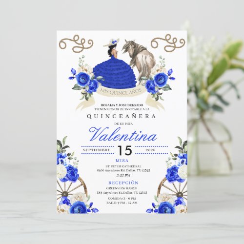 Royal Blue Roses Cowgirl Western Quinceaera Invitation