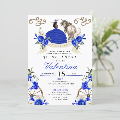 Royal Blue Roses Cowgirl Western Ranch Quinceaera Invitation