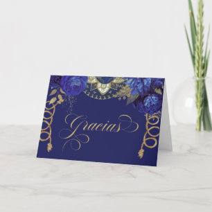 Royal Blue Roses Elegant Charro Western Spanish Letterpress Thank You Card