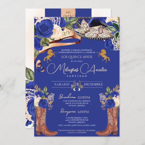 Royal Blue Roses Fancy Mariachi Charro Quinceanera Invitation