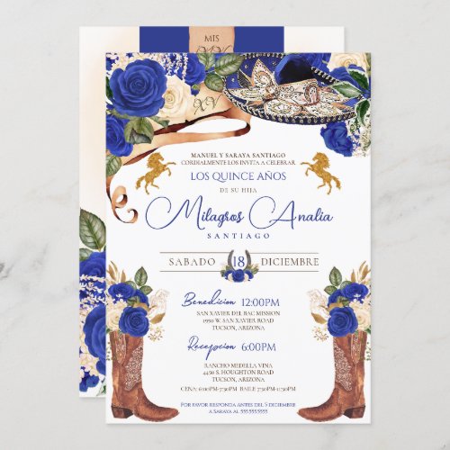 Royal Blue Roses Fancy Western Charro Quinceanera Invitation