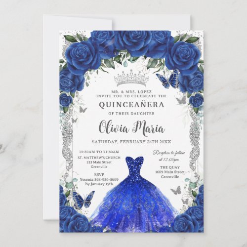 Royal Blue Roses Floral Dress Quinceaera Silver Invitation