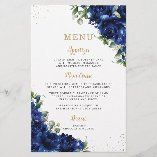 Royal Blue Roses Floral Flowers Menu Sheet  (Front)