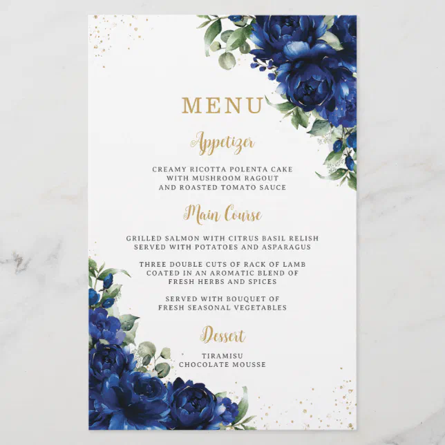 Royal Blue Roses Floral Flowers Menu Sheet | Zazzle
