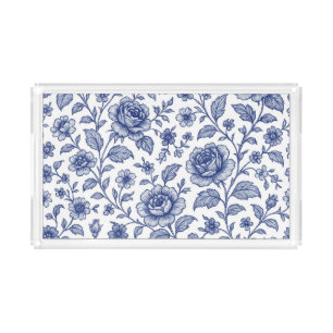Royal Blue Roses Floral Pattern Acrylic Tray