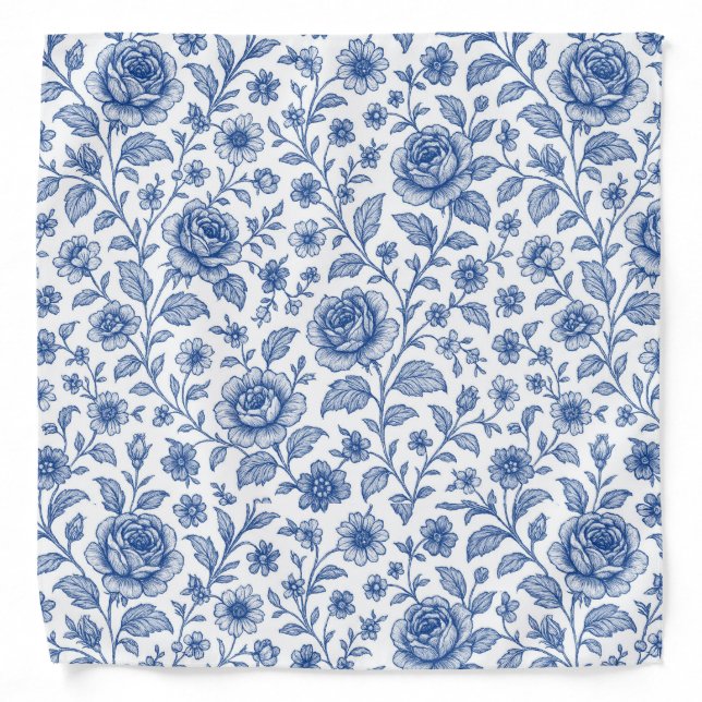 Royal Blue Roses Floral Pattern  Bandana (Front)