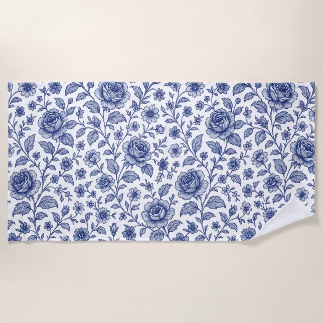 Royal Blue Roses Floral Pattern  Beach Towel (Front)