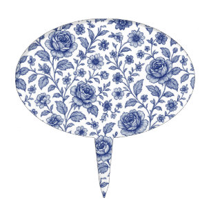 Royal Blue Roses Floral Pattern Cake Topper