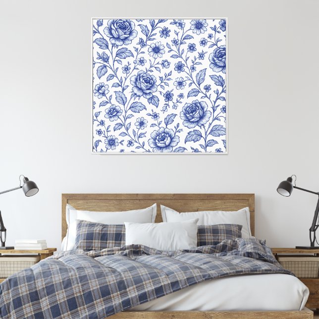 Royal Blue Roses Floral Pattern  Canvas Print (Insitu(Bedroom))