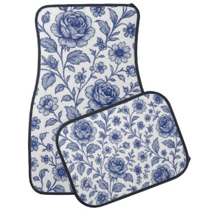 Royal Blue Roses Floral Pattern Car Floor Mat