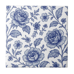 Royal Blue Roses Floral Pattern Ceramic Tile