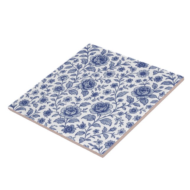 Royal Blue Roses Floral Pattern  Ceramic Tile (Side)