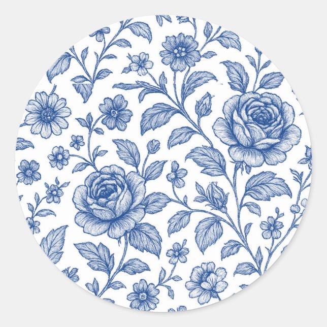Royal Blue Roses Floral Pattern  Classic Round Sticker (Front)