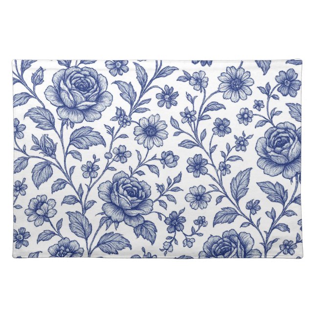 Royal Blue Roses Floral Pattern  Cloth Placemat (Front)
