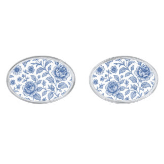 Royal Blue Roses Floral Pattern Cufflinks