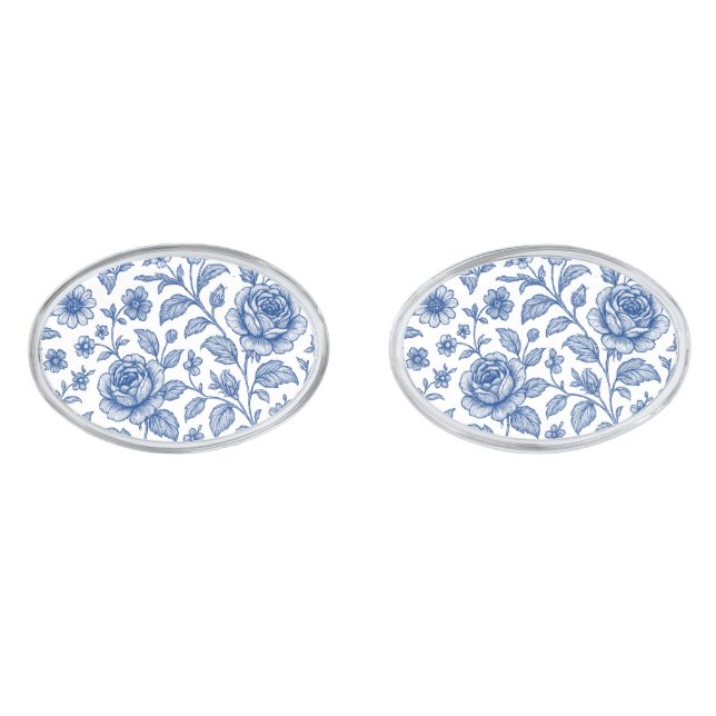 Royal Blue Roses Floral Pattern  Cufflinks (Front)