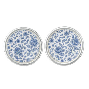 Royal Blue Roses Floral Pattern Cufflinks