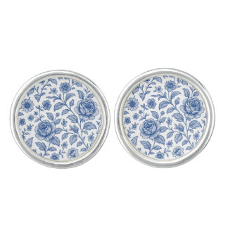 Royal Blue Roses Floral Pattern Cufflinks