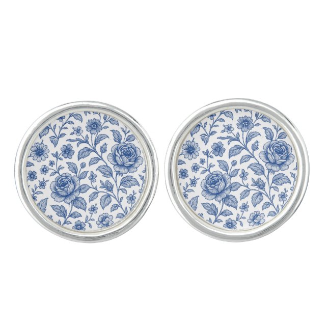 Royal Blue Roses Floral Pattern  Cufflinks (Front)