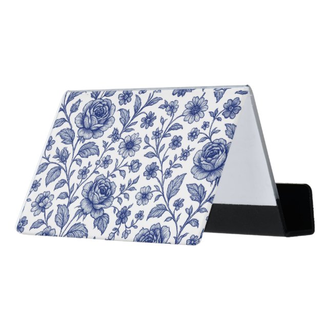 Royal Blue Roses Floral Pattern  Desk Business Card Holder (Angled Back)