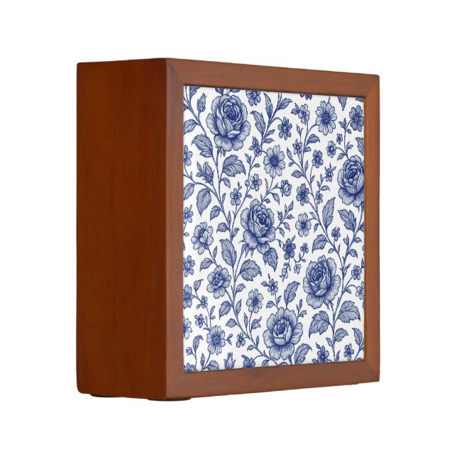 Royal Blue Roses Floral Pattern  Desk Organizer (Left)