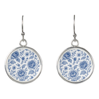 Royal Blue Roses Floral Pattern Earrings