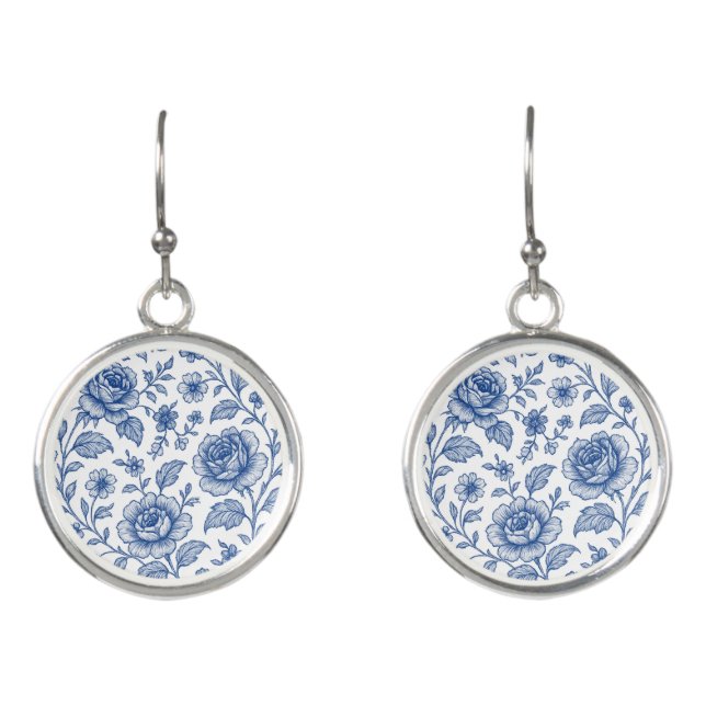 Royal Blue Roses Floral Pattern  Earrings (Front)