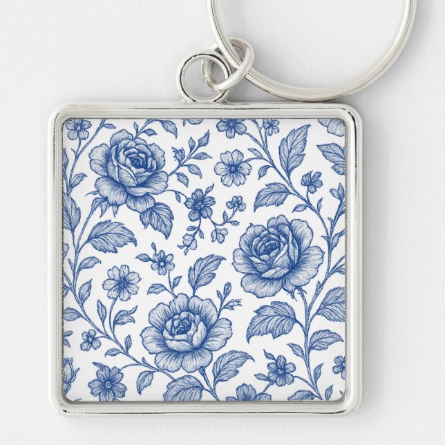 Royal Blue Roses Floral Pattern  Keychain (Front)
