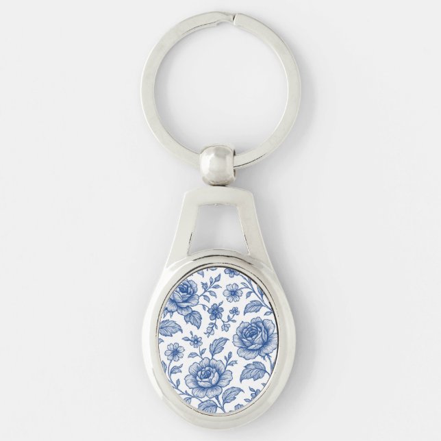 Royal Blue Roses Floral Pattern  Keychain (Front)