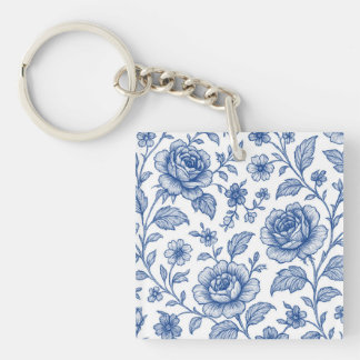 Royal Blue Roses Floral Pattern Keychain