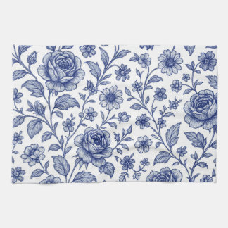 Royal Blue Roses Floral Pattern  Kitchen Towel
