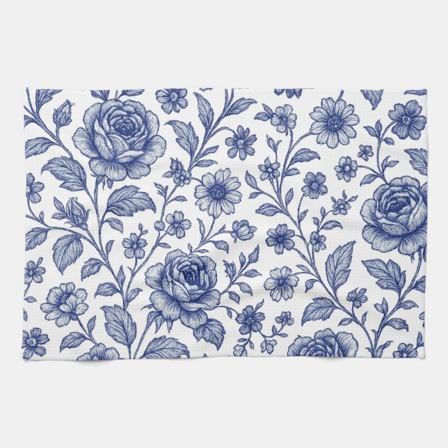 Royal Blue Roses Floral Pattern  Kitchen Towel (Horizontal)