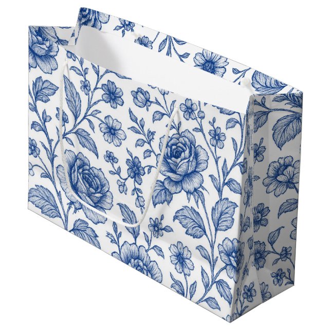 Royal Blue Roses Floral Pattern  Large Gift Bag (Front Angled)