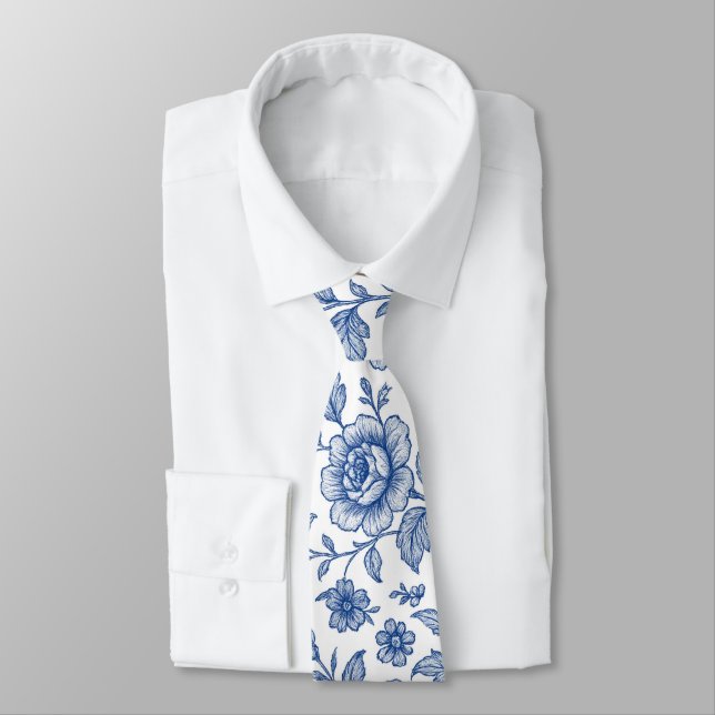 Royal Blue Roses Floral Pattern  Neck Tie (Tied)
