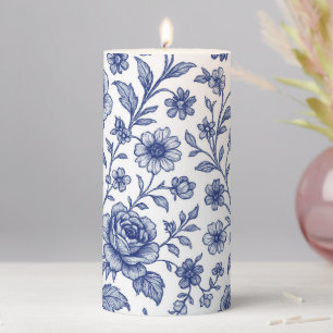 Royal Blue Roses Floral Pattern Pillar Candle