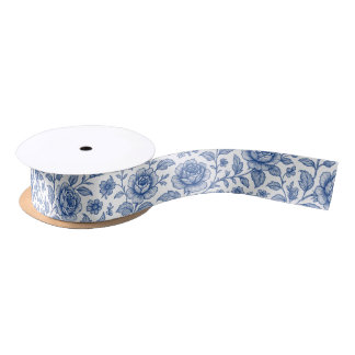 Royal Blue Roses Floral Pattern  Satin Ribbon