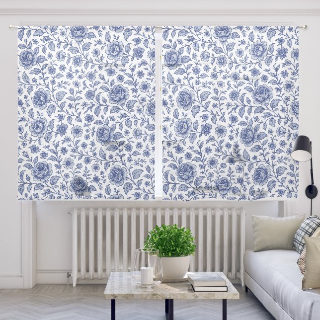 Royal Blue Roses Floral Pattern  Sheer Curtains (Living Room)