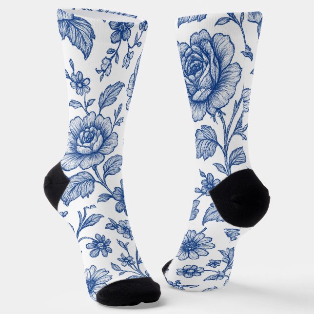 Royal Blue Roses Floral Pattern  Socks (Angled)