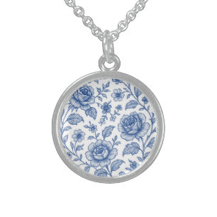 Royal Blue Roses Floral Pattern Sterling Silver Necklace