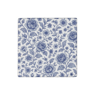 Royal Blue Roses Floral Pattern  Stone Magnet