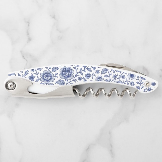 Royal Blue Roses Floral Pattern  Waiter's Corkscrew (Front)